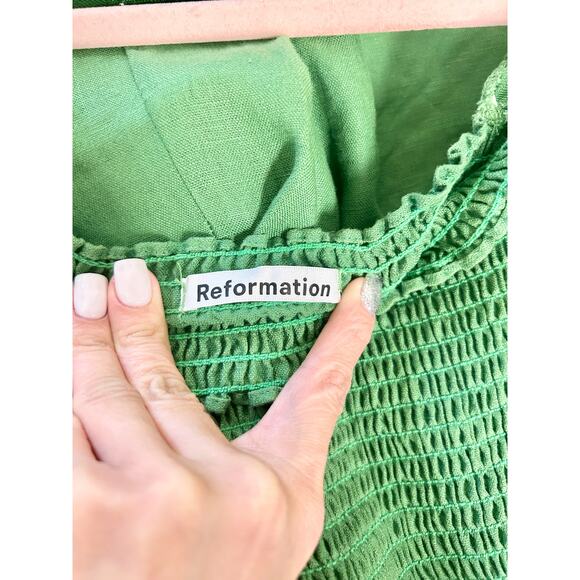 Reformation Greyson Shirred Square Neck Linen Mini Dress Green Women's Size XS - Picture 4 of 5